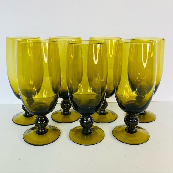 7 Olive Avocado Green Footed Vintage Tumblers Mid Century Glassware Barware